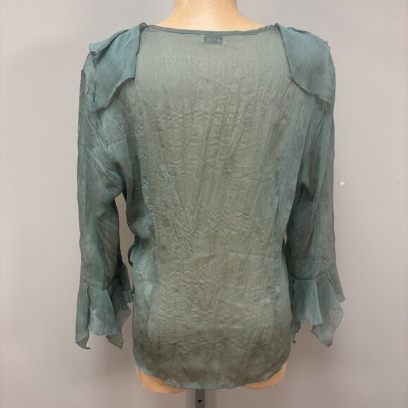 Vintage Jaipar Shirt Large Green V Neck 3/4 Sleeves Sheer Handkerchief Blouse - Picture 2 of 12